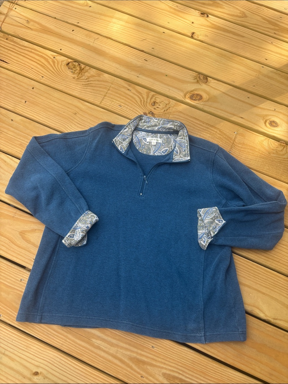 Vintage Orvis XL Navy Blue Quarter-Zip Sweater with Paisley Trim